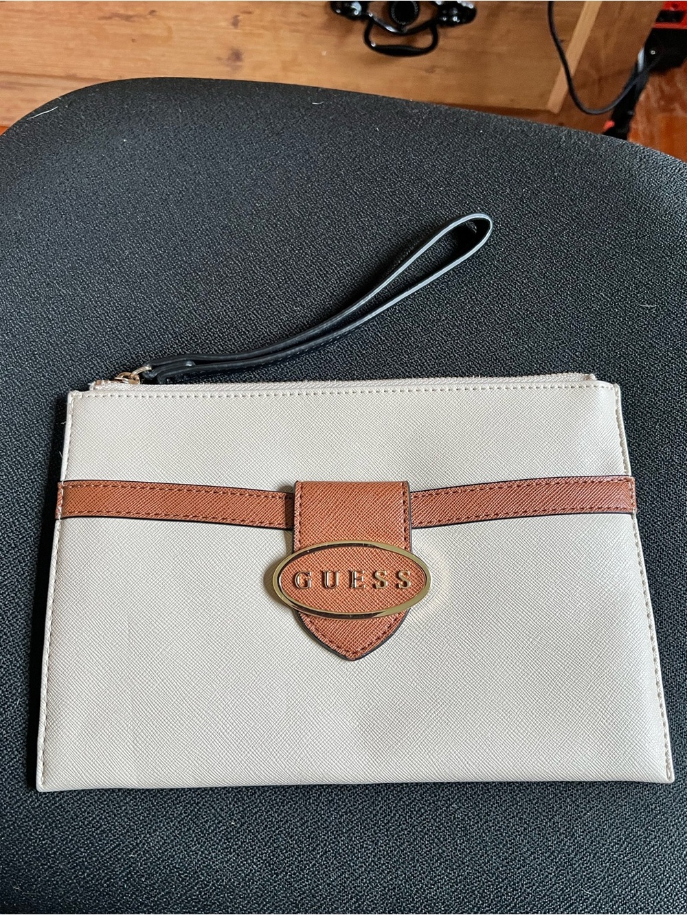 GUESS Cream and Brown Wristlet Clutch with Gold Logo
